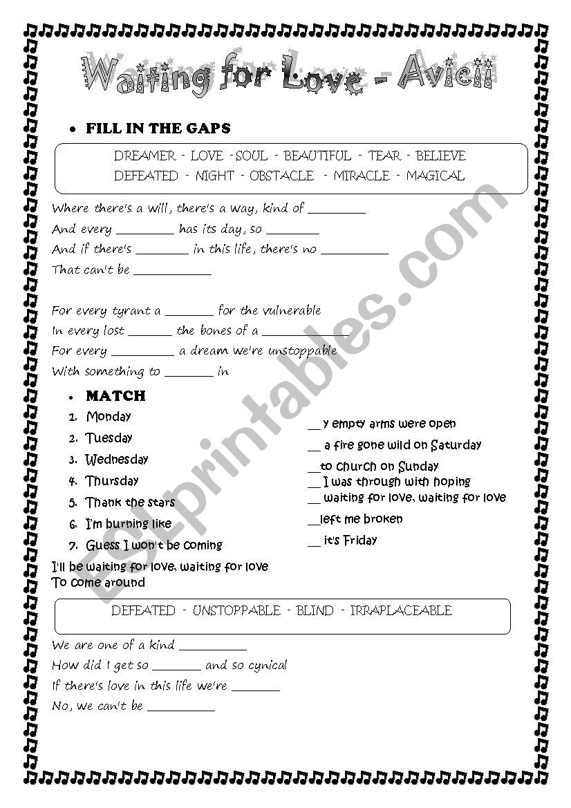 Waiting for love - Avicii worksheet