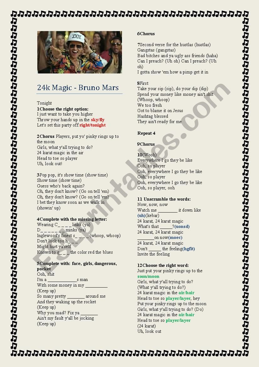 BRUNO MARS 24K worksheet