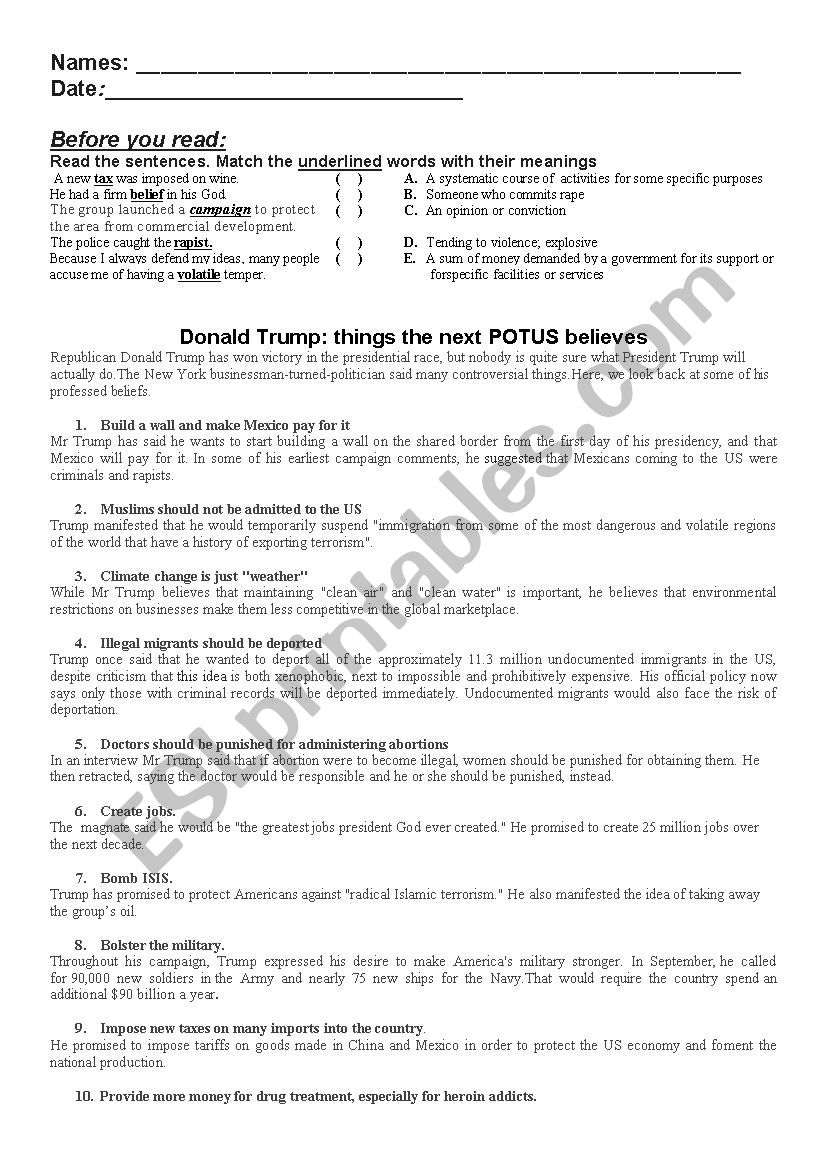 Donal Trump proposals worksheet