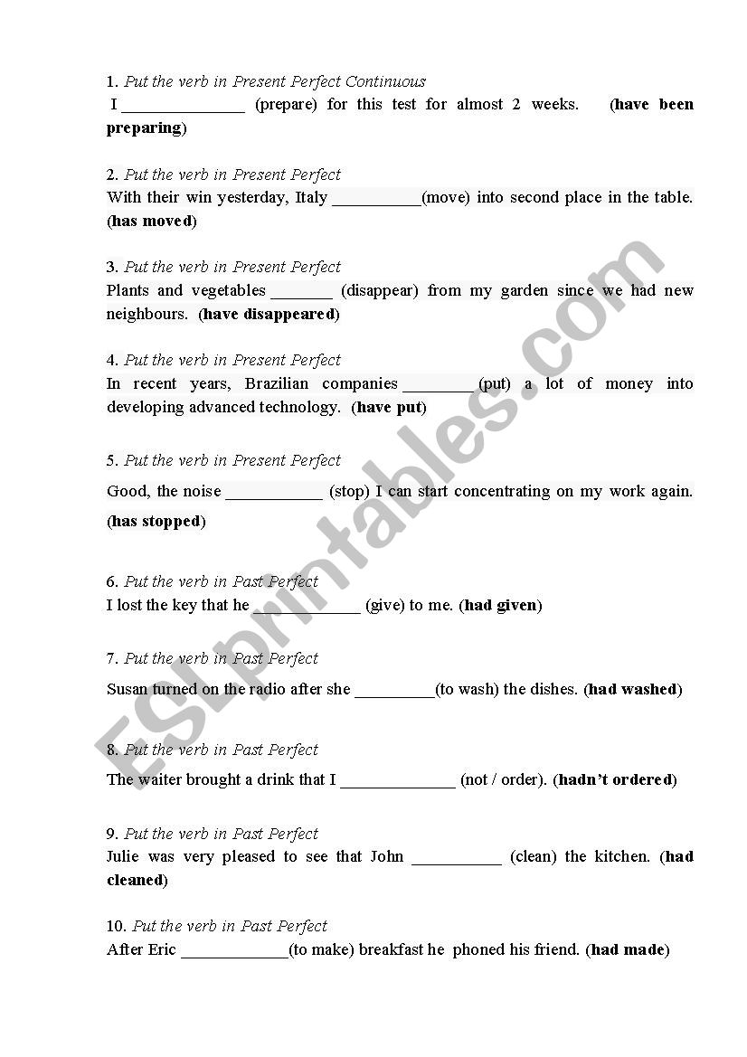 Test on grammar worksheet