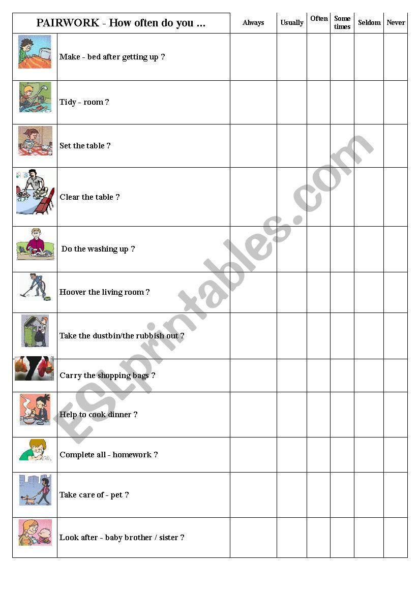 Household chores - pairwork worksheet