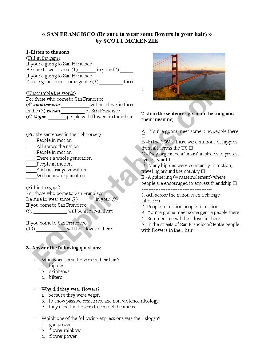 San Francisco song worksheet