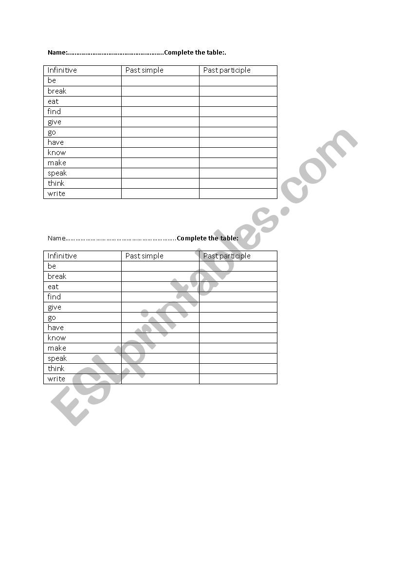 Short test on past simple and past pariciple verbs