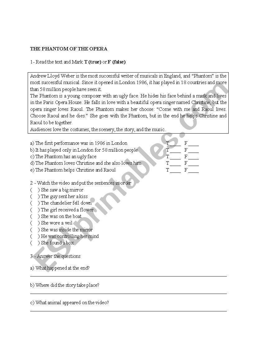 Phantom of the opera worksheet