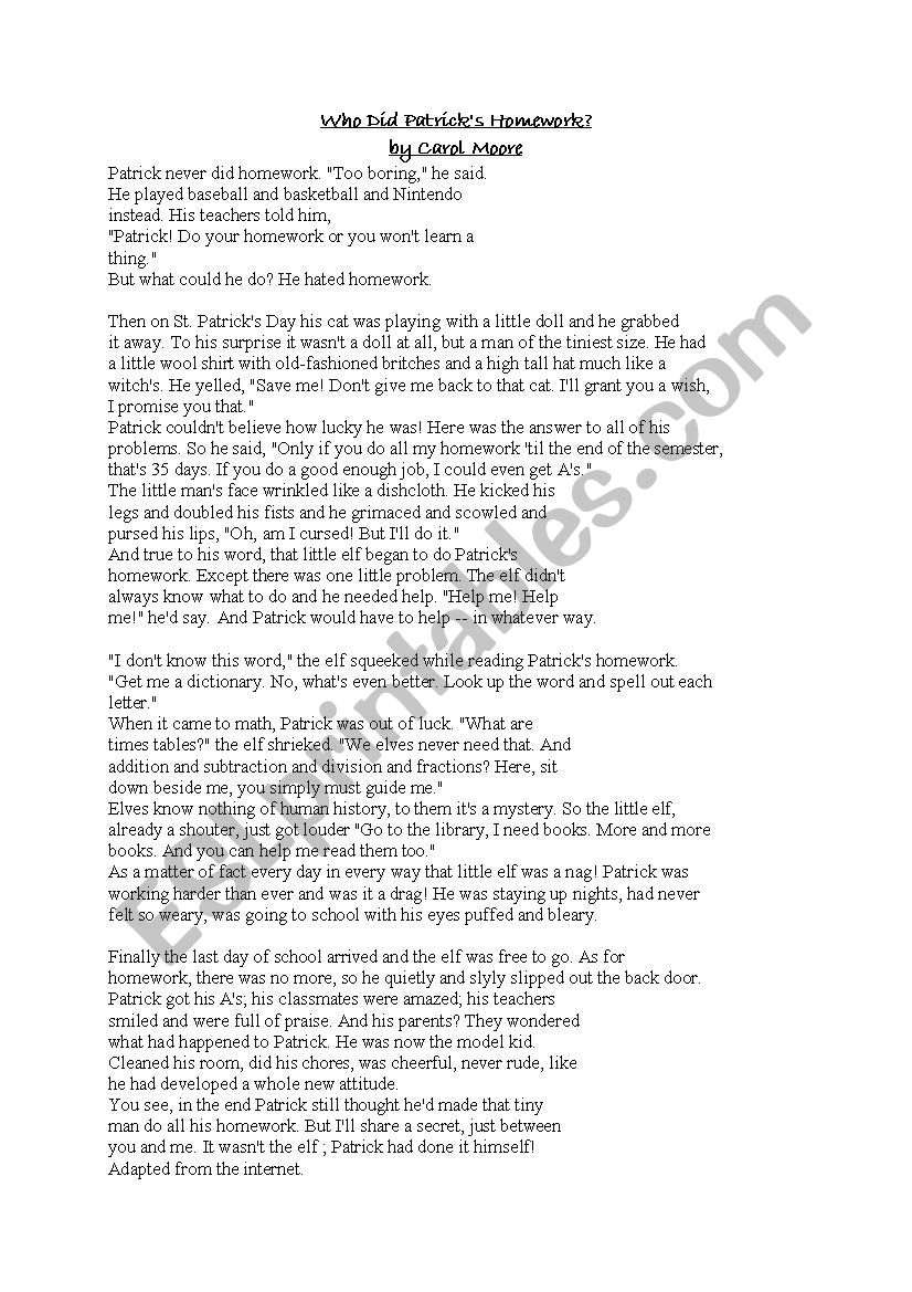 Who did PatrickÂ´s homework? worksheet