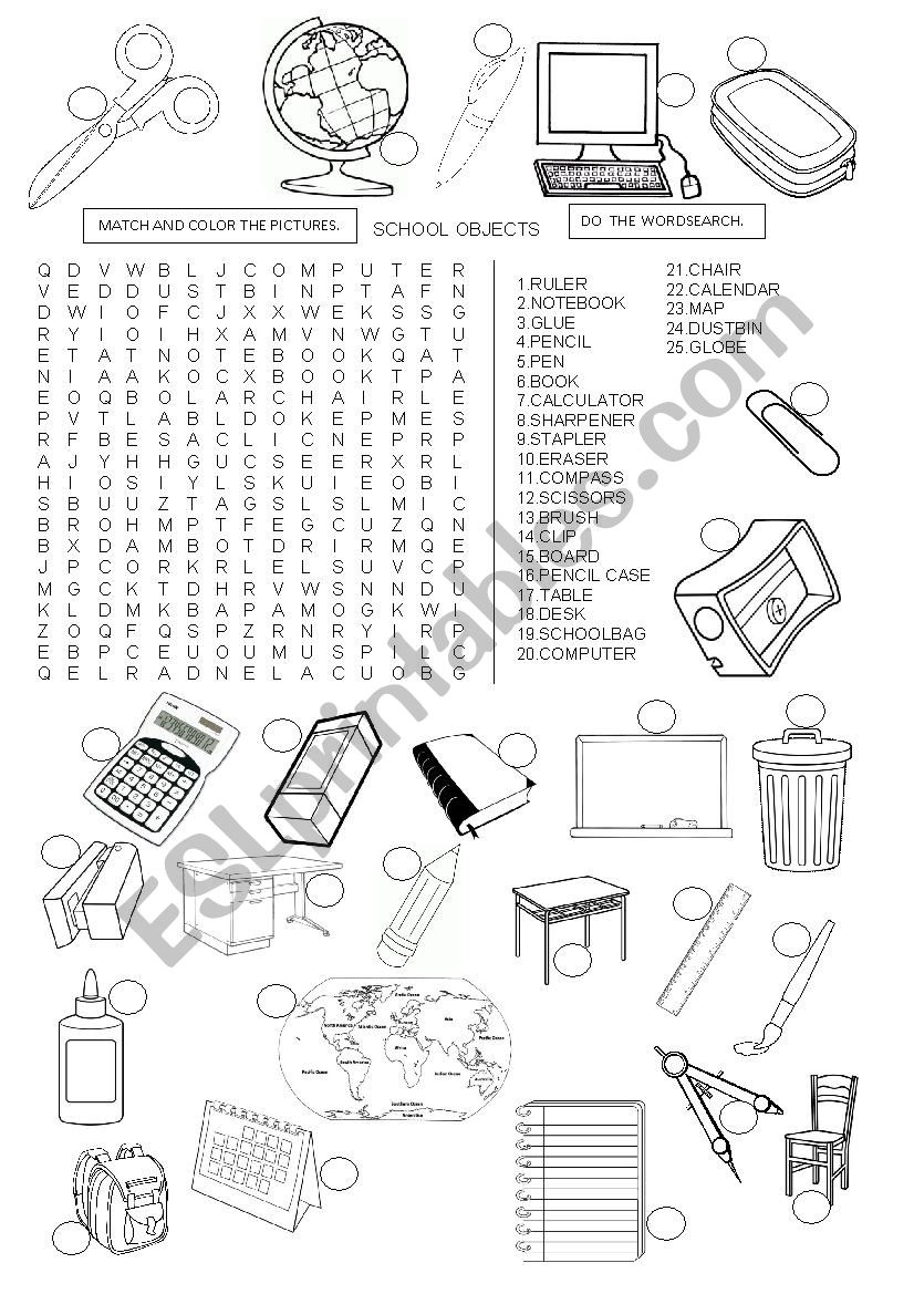 SCHOOL OBJECTS - WORDSEARCH worksheet