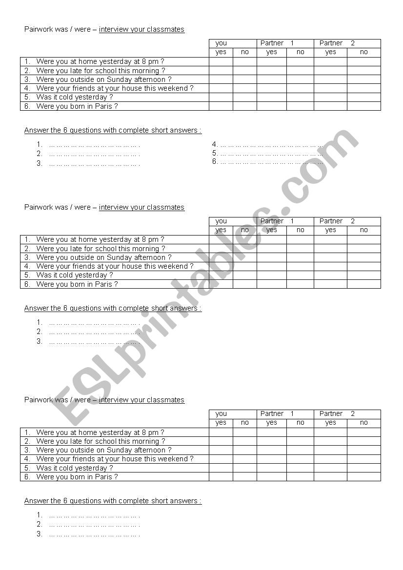 Pairwork was / were - questions + short answers