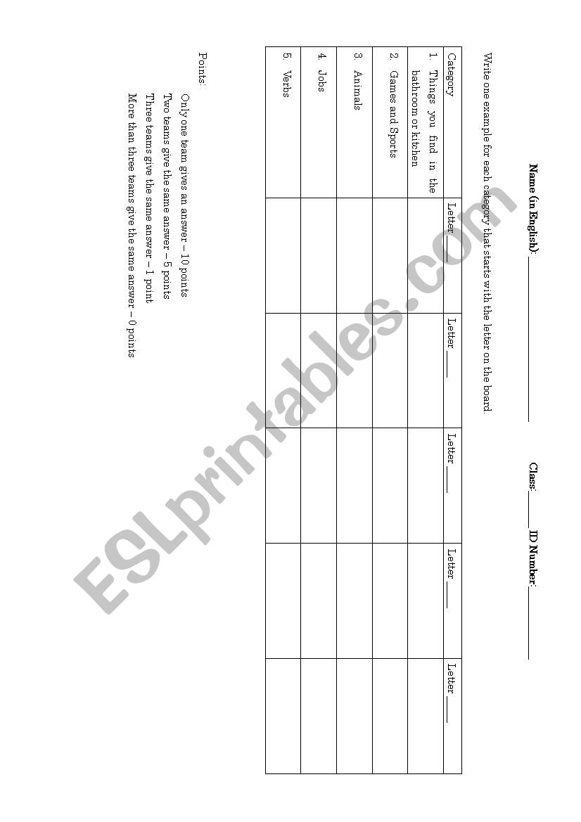 Categories game worksheet