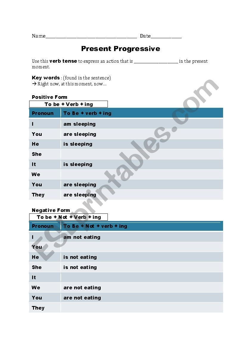 Present Progressive - Notes worksheet