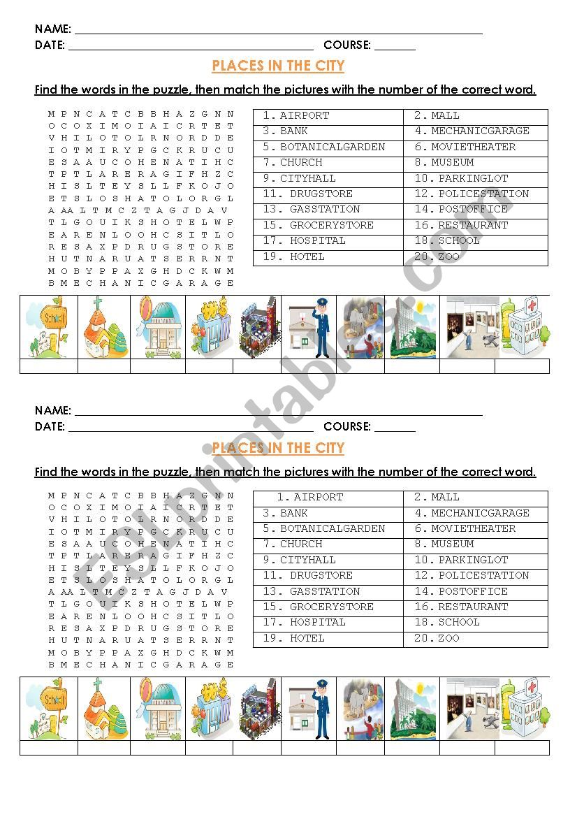 PLACES IN THE CITY worksheet