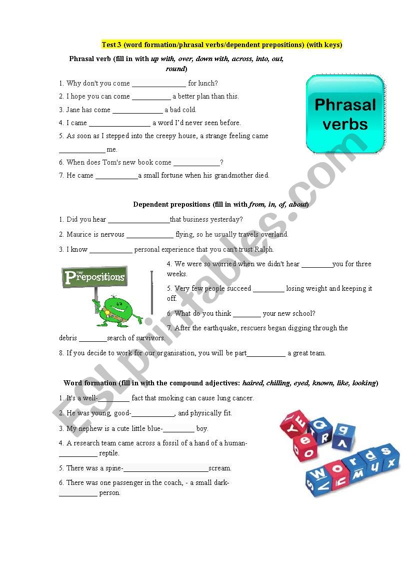 Test 3 (word formation/phrasal verbs/dependent prepositions) (with keys) 