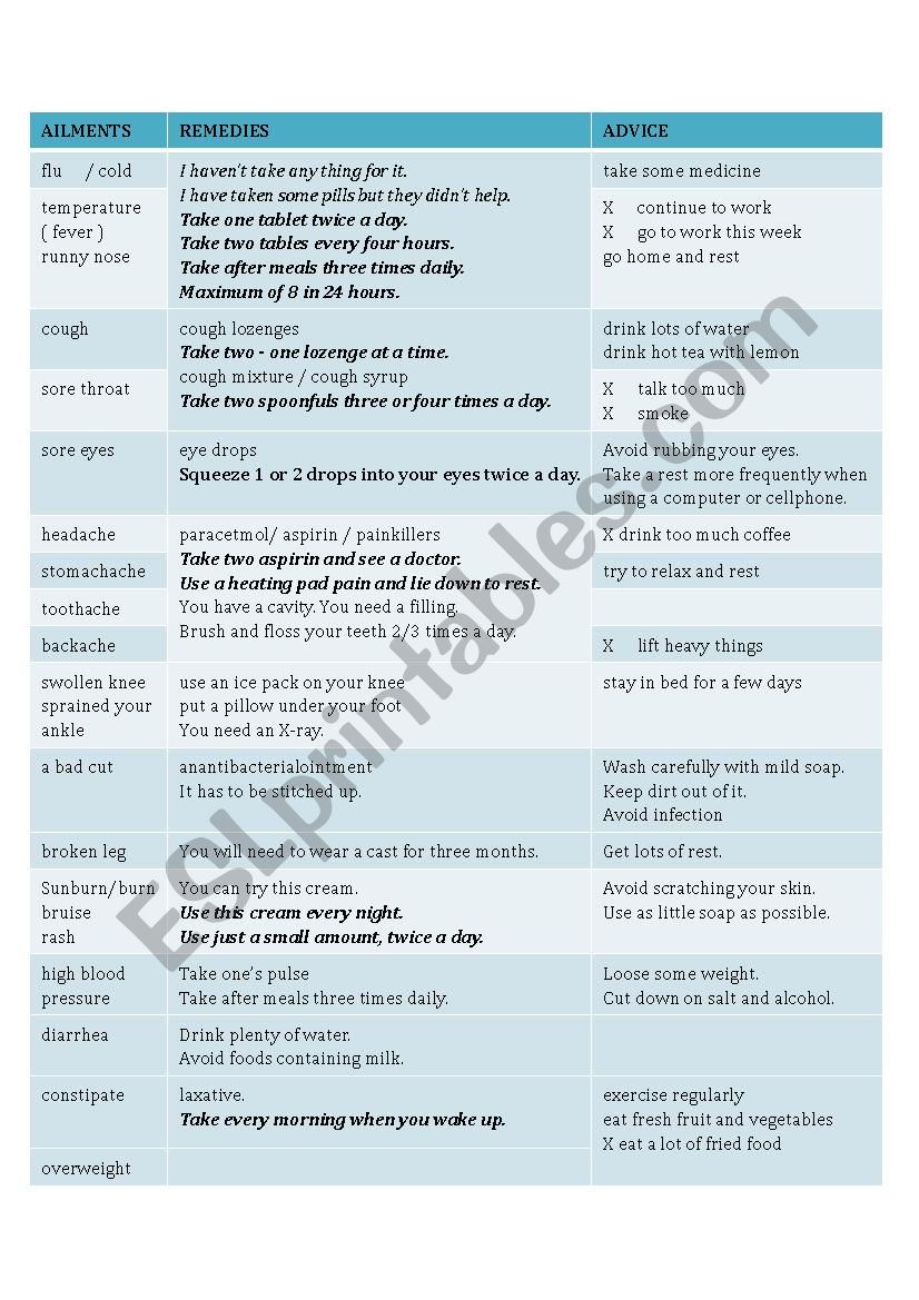 health problems worksheet