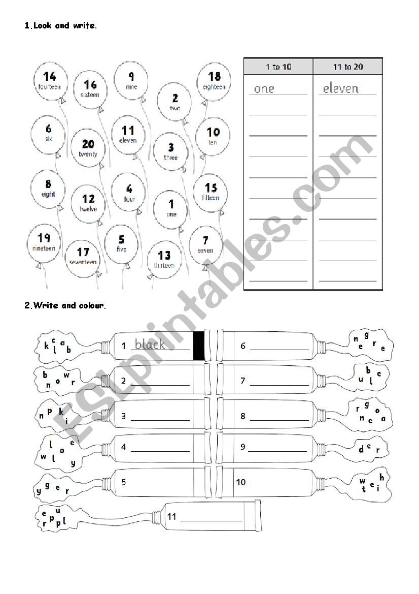 numbers, colours and alphabet worksheet