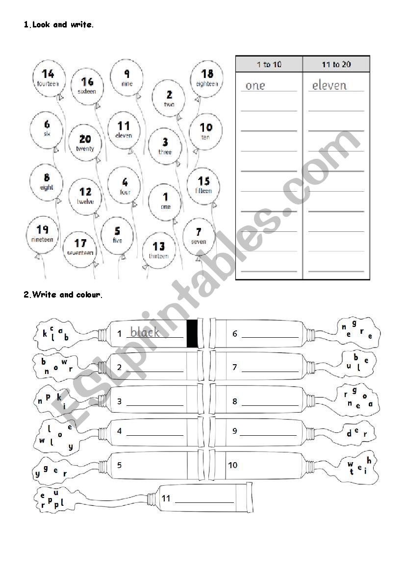 numbers, colours and alphabet worksheet
