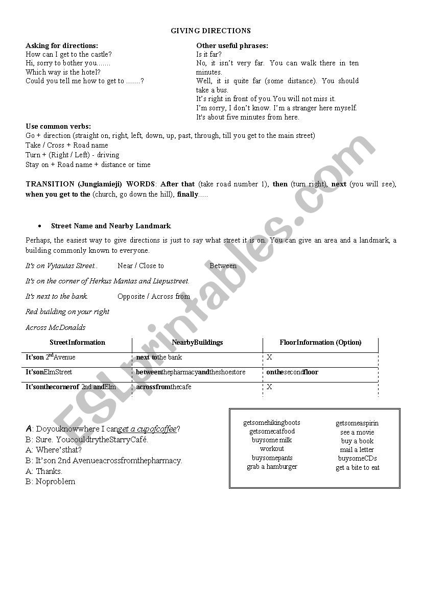 Giving directions worksheet