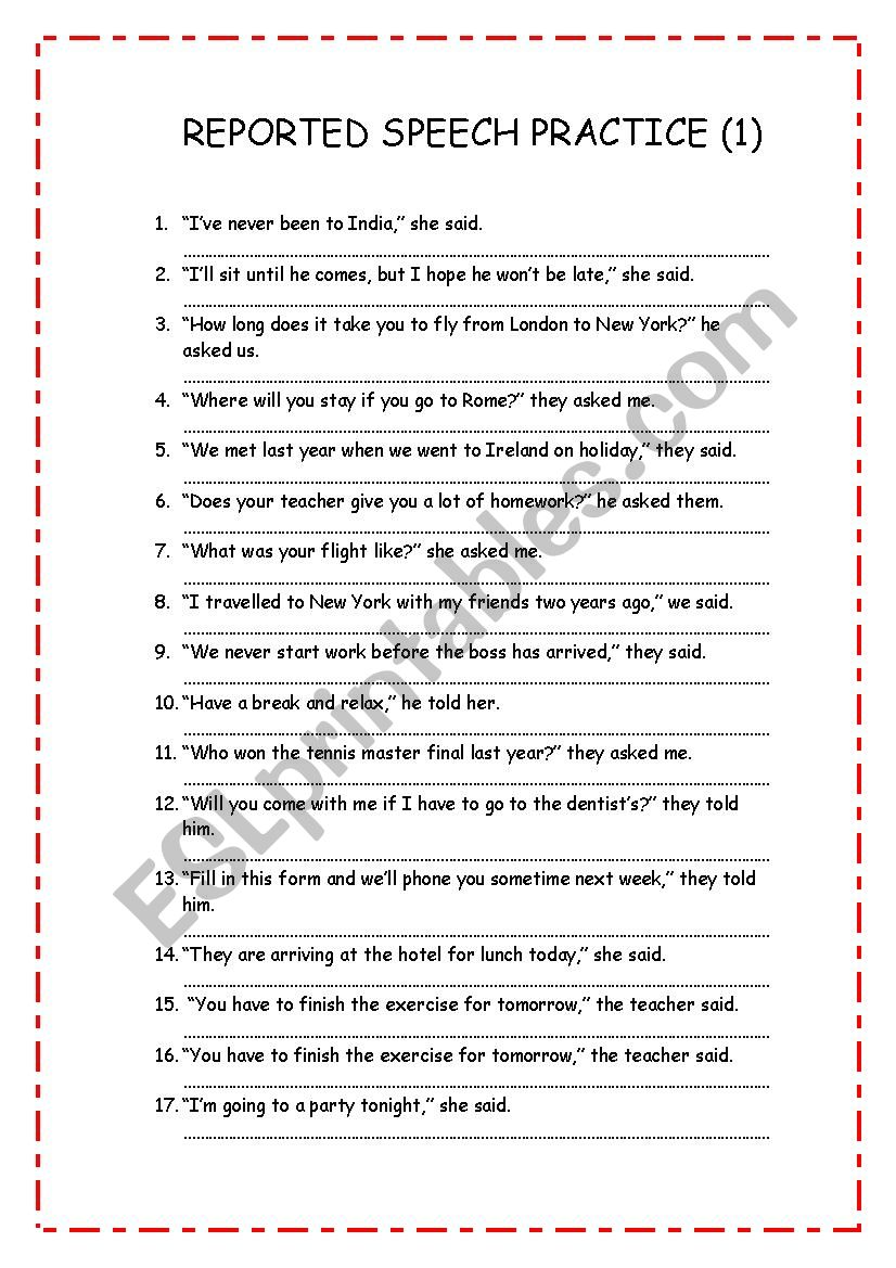 REPORTED SPEECH PRACTICE worksheet