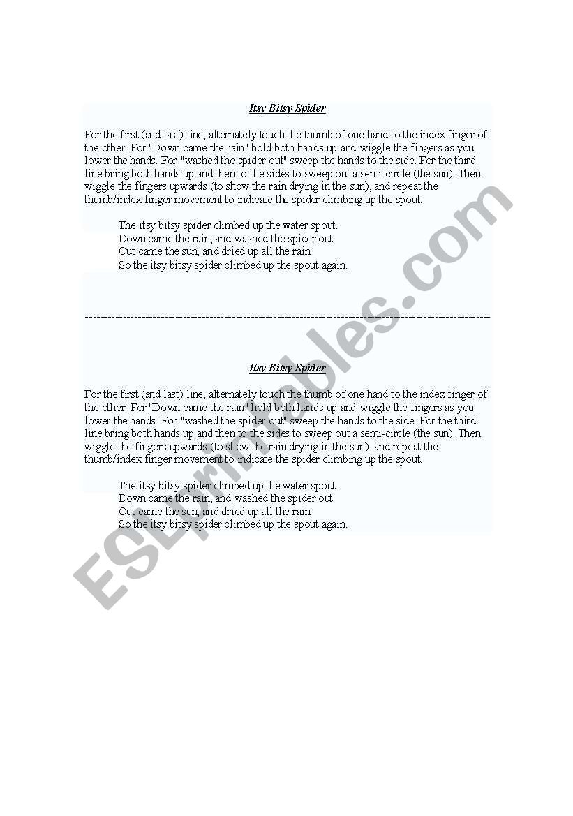 ITSY BITSY SPIDER - LYRICS worksheet