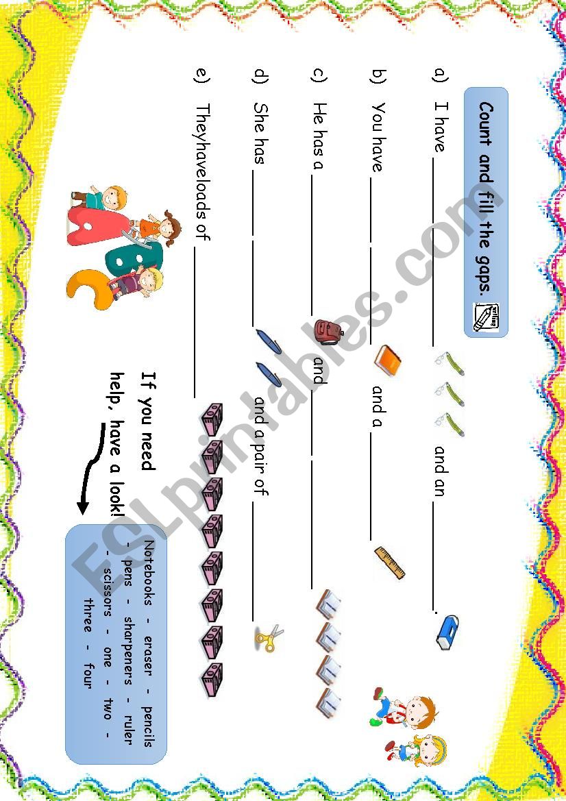 School objects fill the gaps worksheet