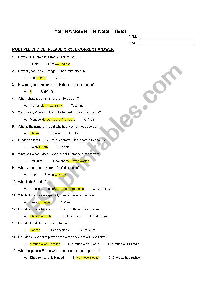 Stranger Things Quiz Test Esl Worksheet By Ishyloya