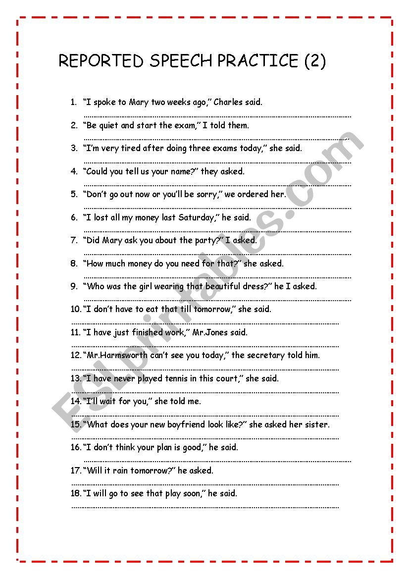 REPORTED SPEECH PRACTICE 2 worksheet