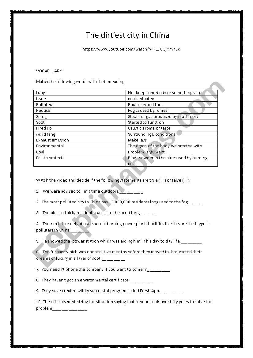 The dirtiest city in China worksheet