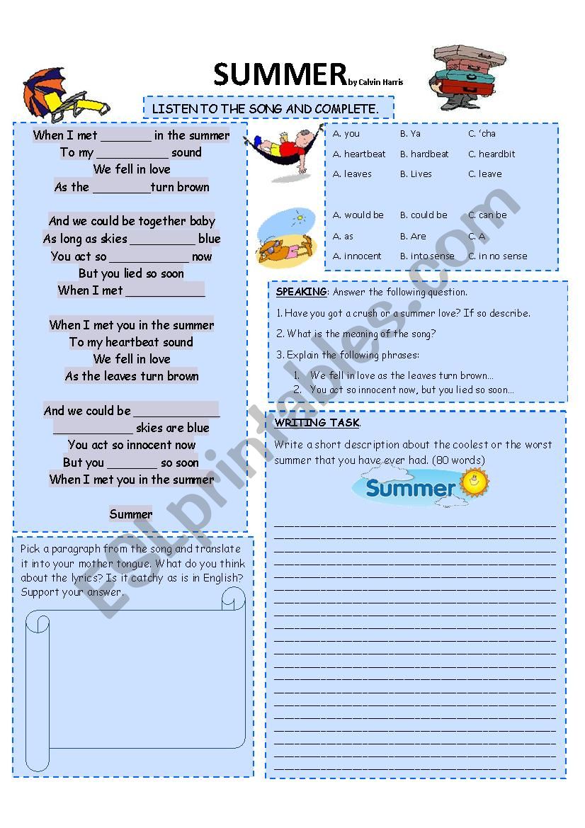 SUMMER SONG CALVIN HARRIS worksheet