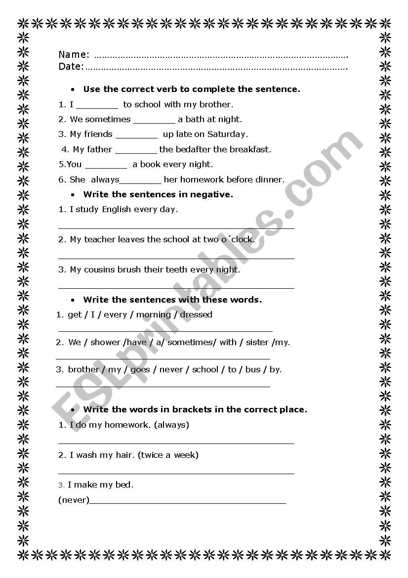 daily routines test worksheet