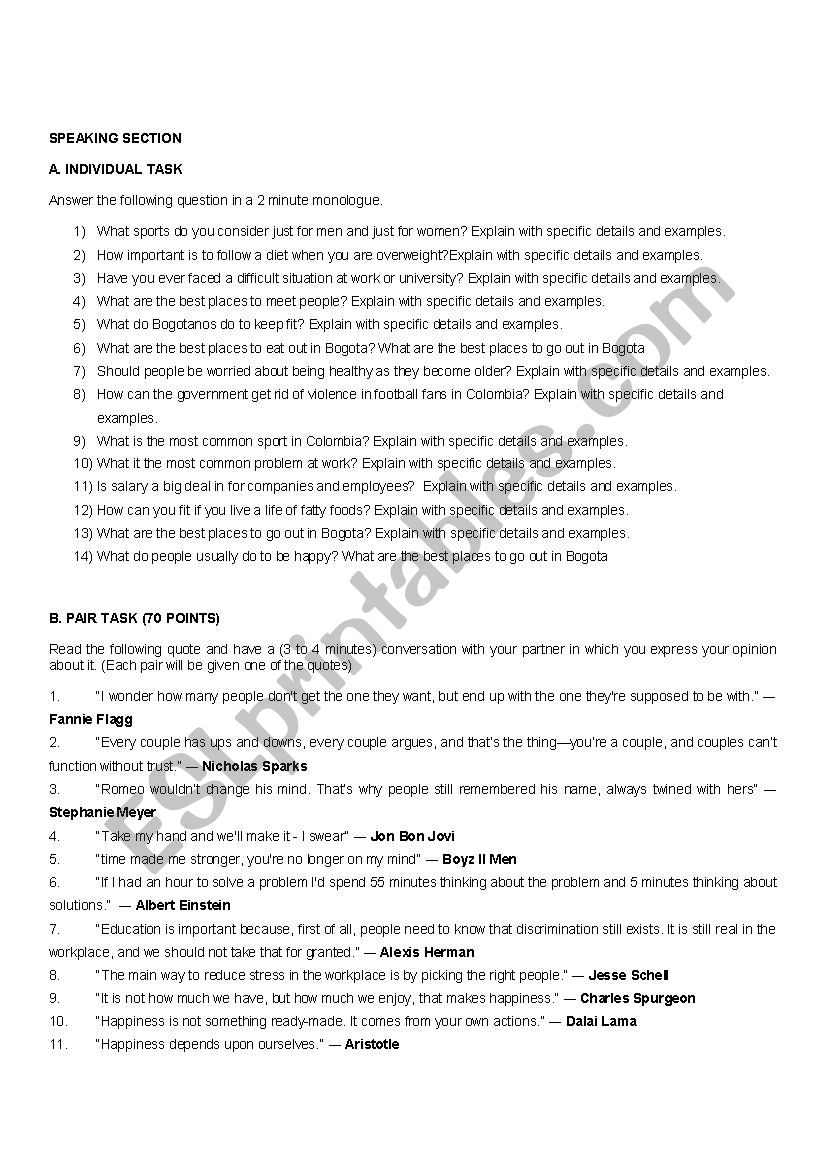 Speaking questionnaire Intermediate