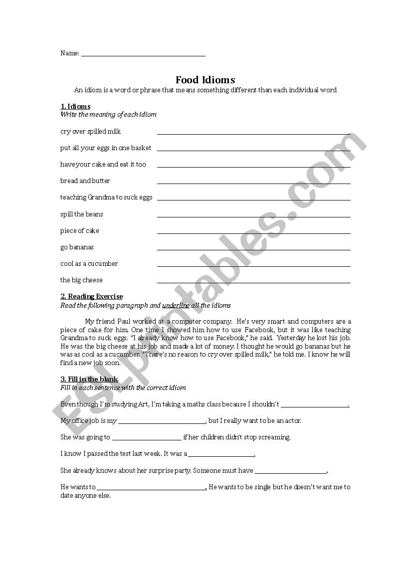 Food Idioms Worksheet worksheet