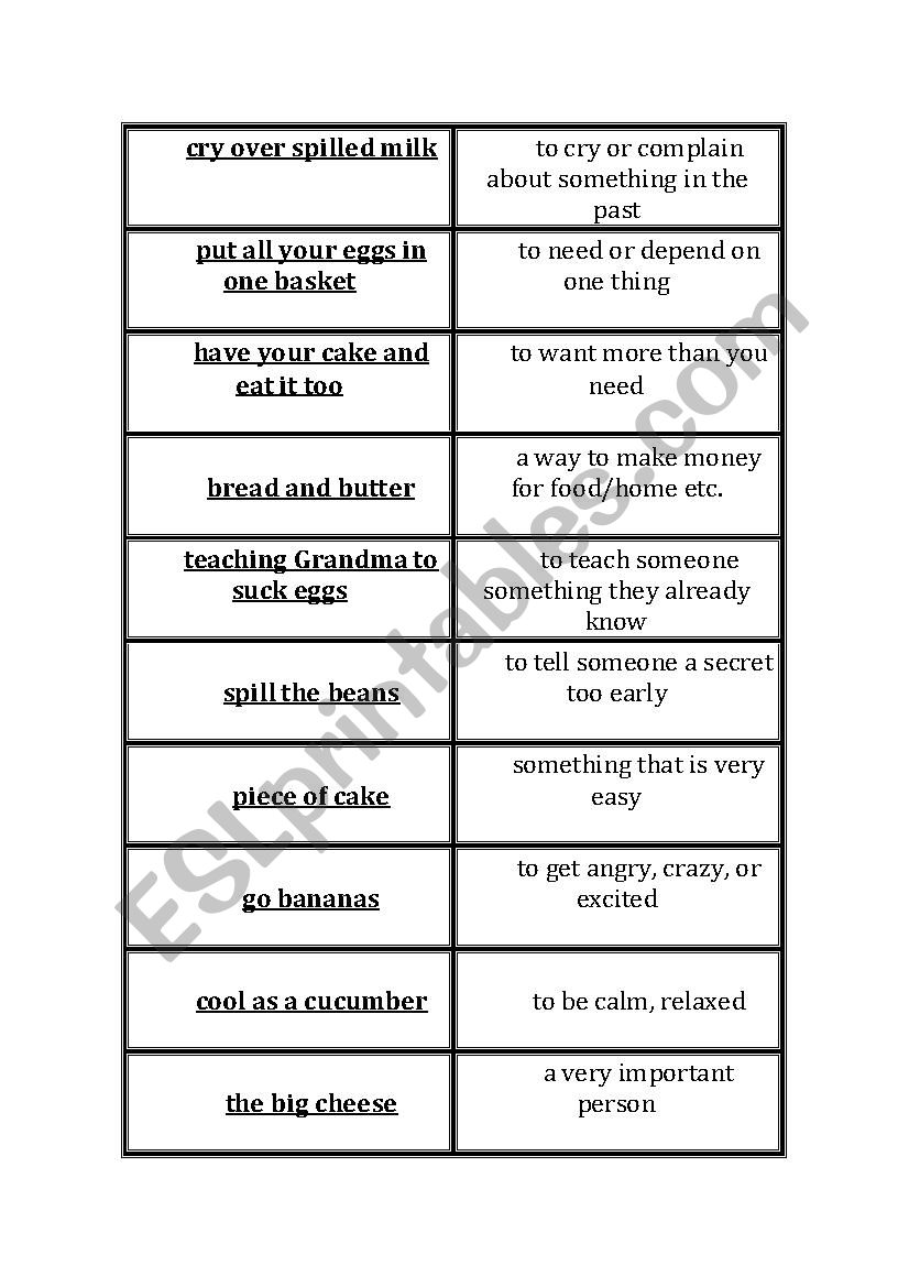 Food Idiom Activity Card worksheet