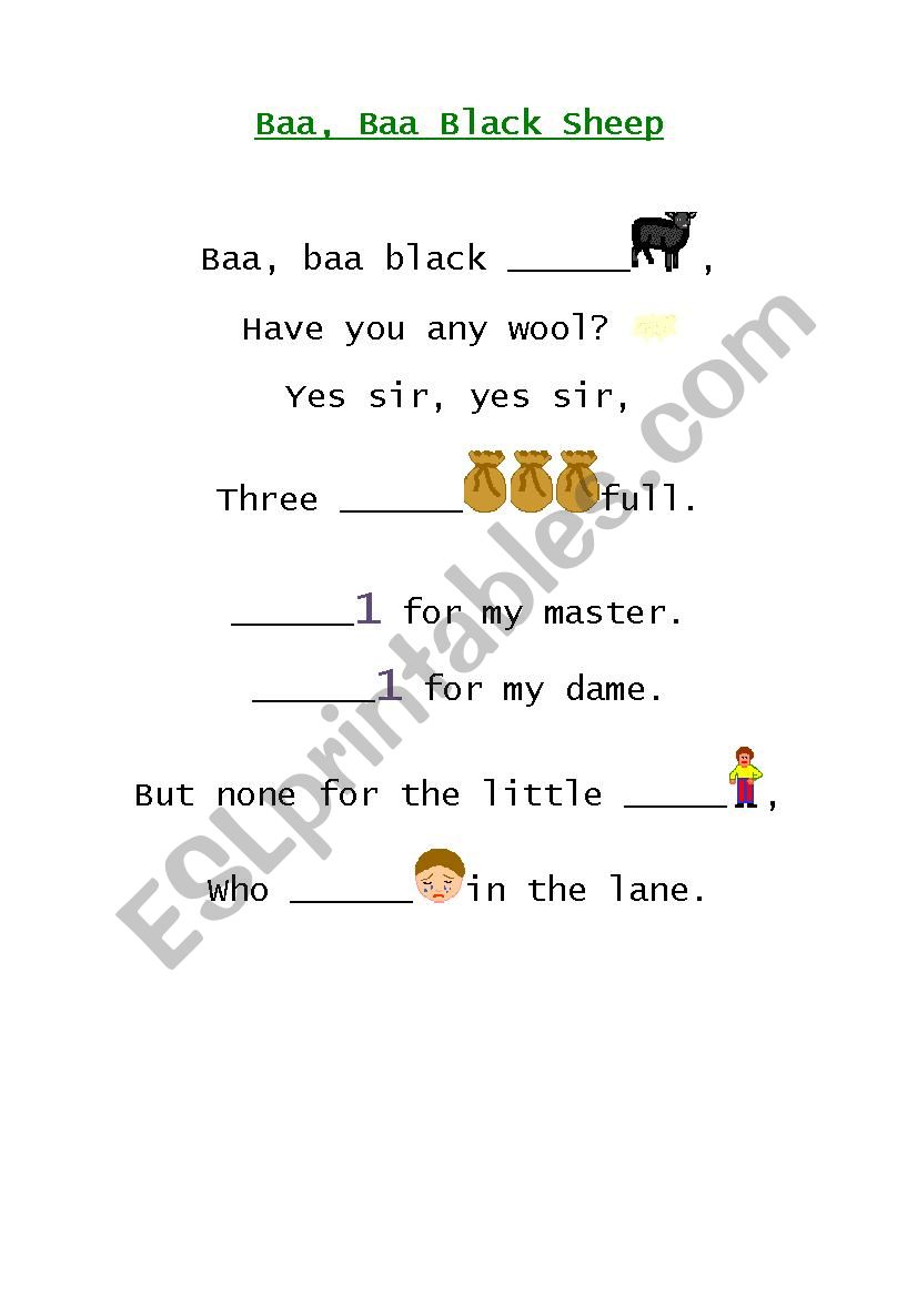 Baa, Baa, Black Sheep song worksheet