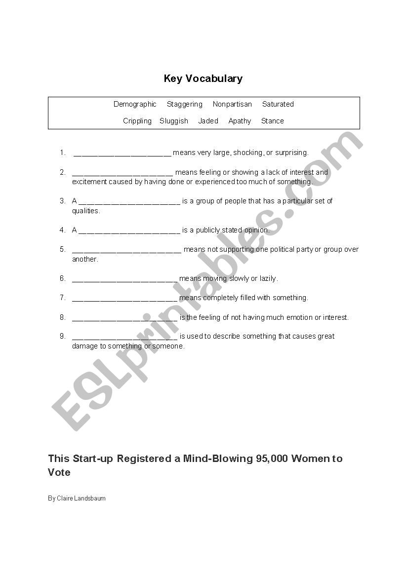 News Article Vocabulary Worksheet - This Start-up Registered a Mind-Blowing 95,000 Women to Vote