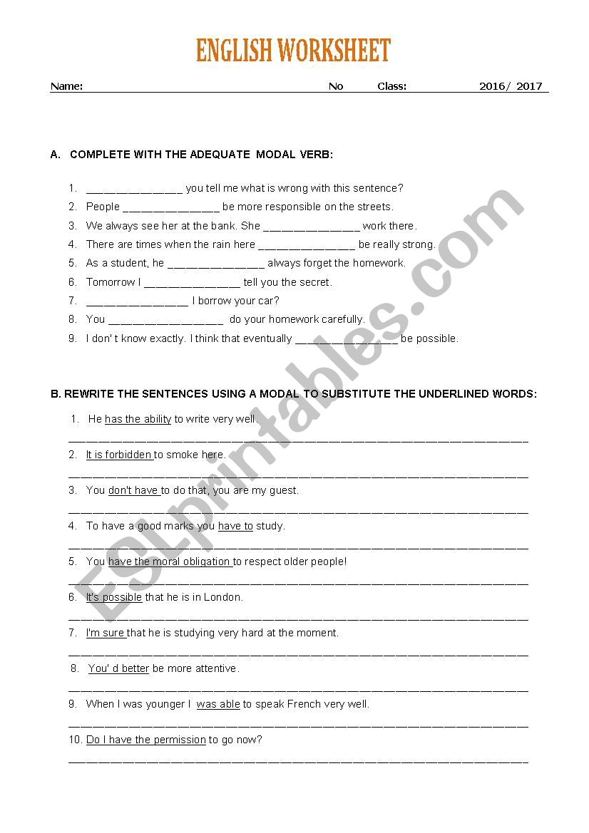 Modals worksheet worksheet