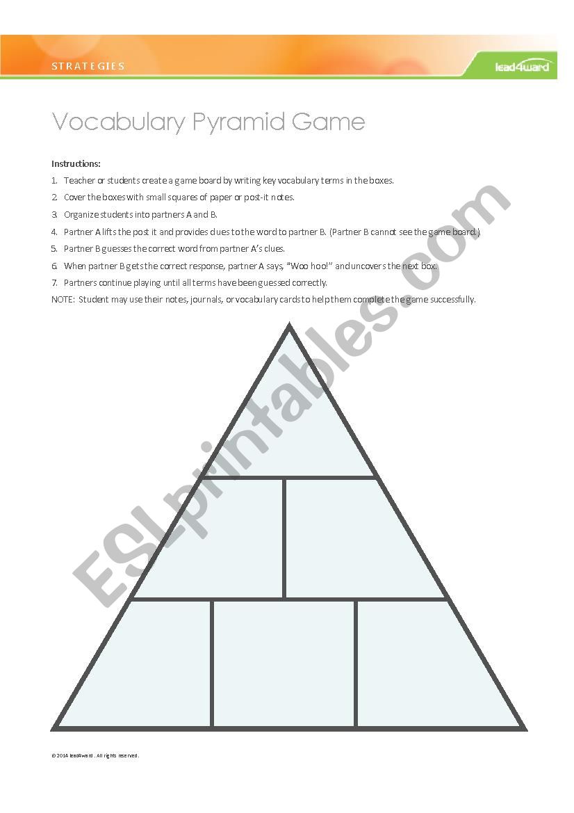 Vocabulary Pyramid Game worksheet