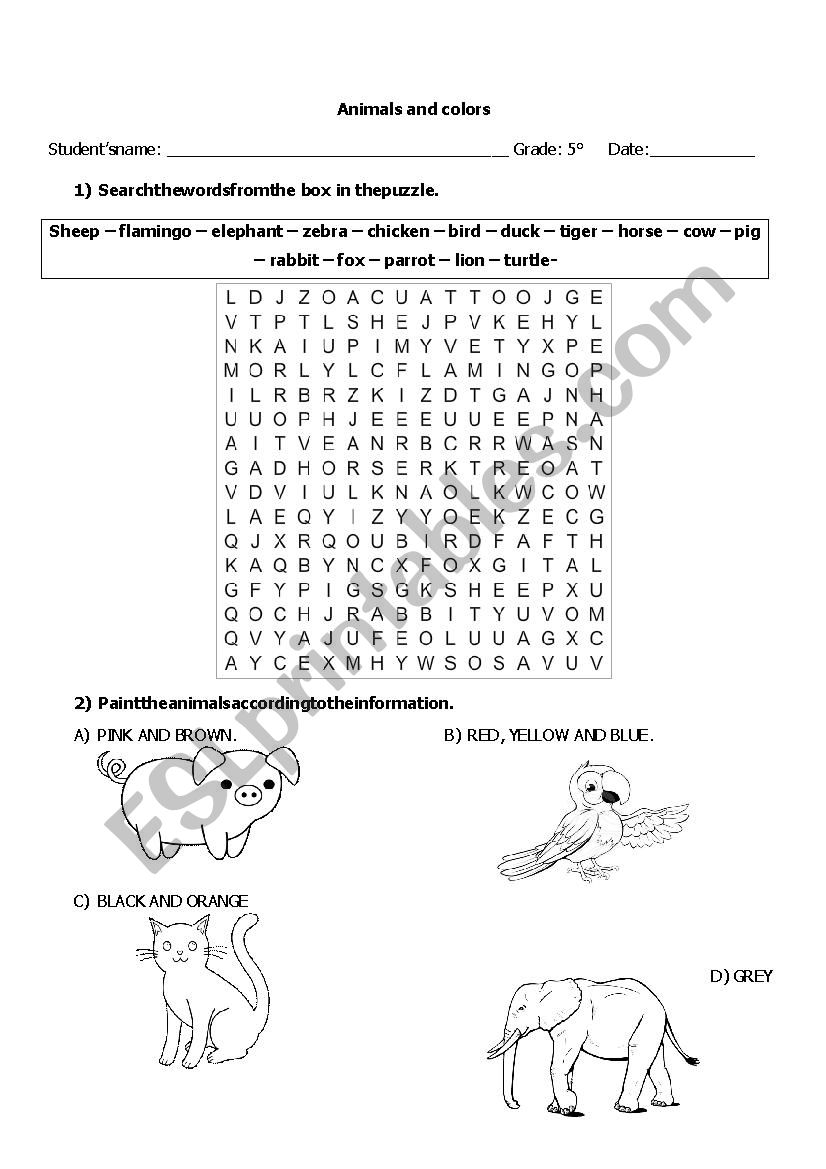 Animals and colors worksheet