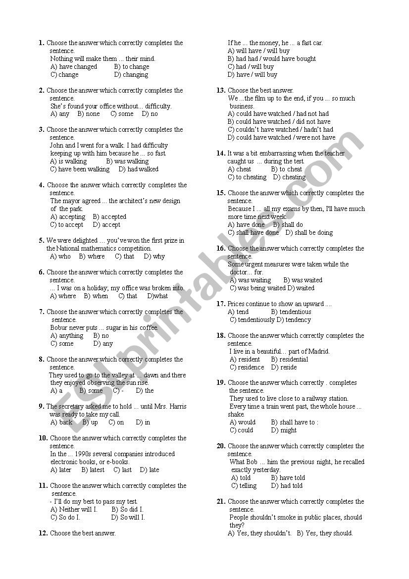 Grammar tests B1/B1+ worksheet