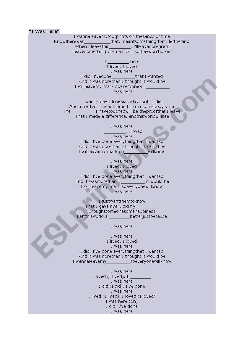 Beyonce - I was here - Fill in the blanks