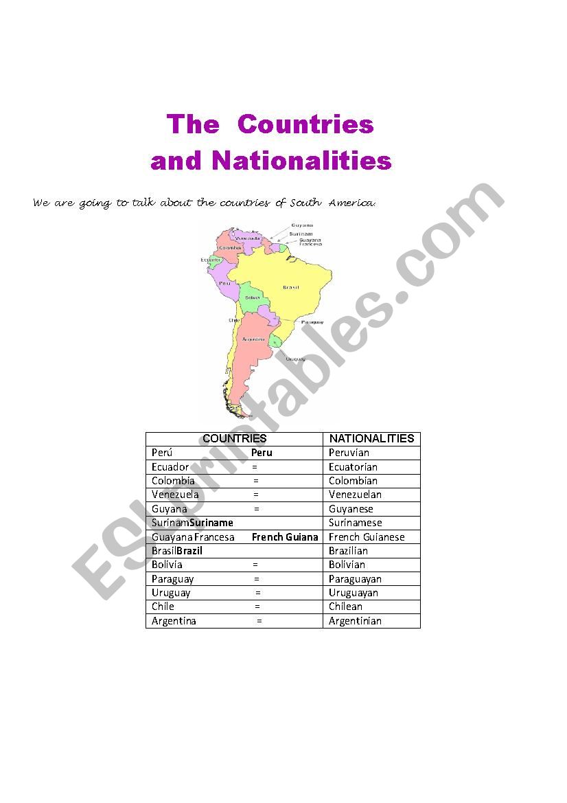 Countries of South America worksheet