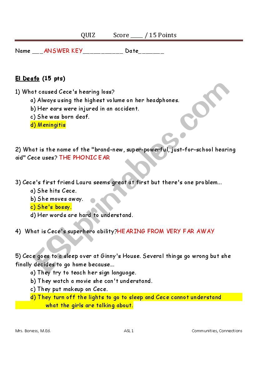 El Deafo quiz answer key worksheet