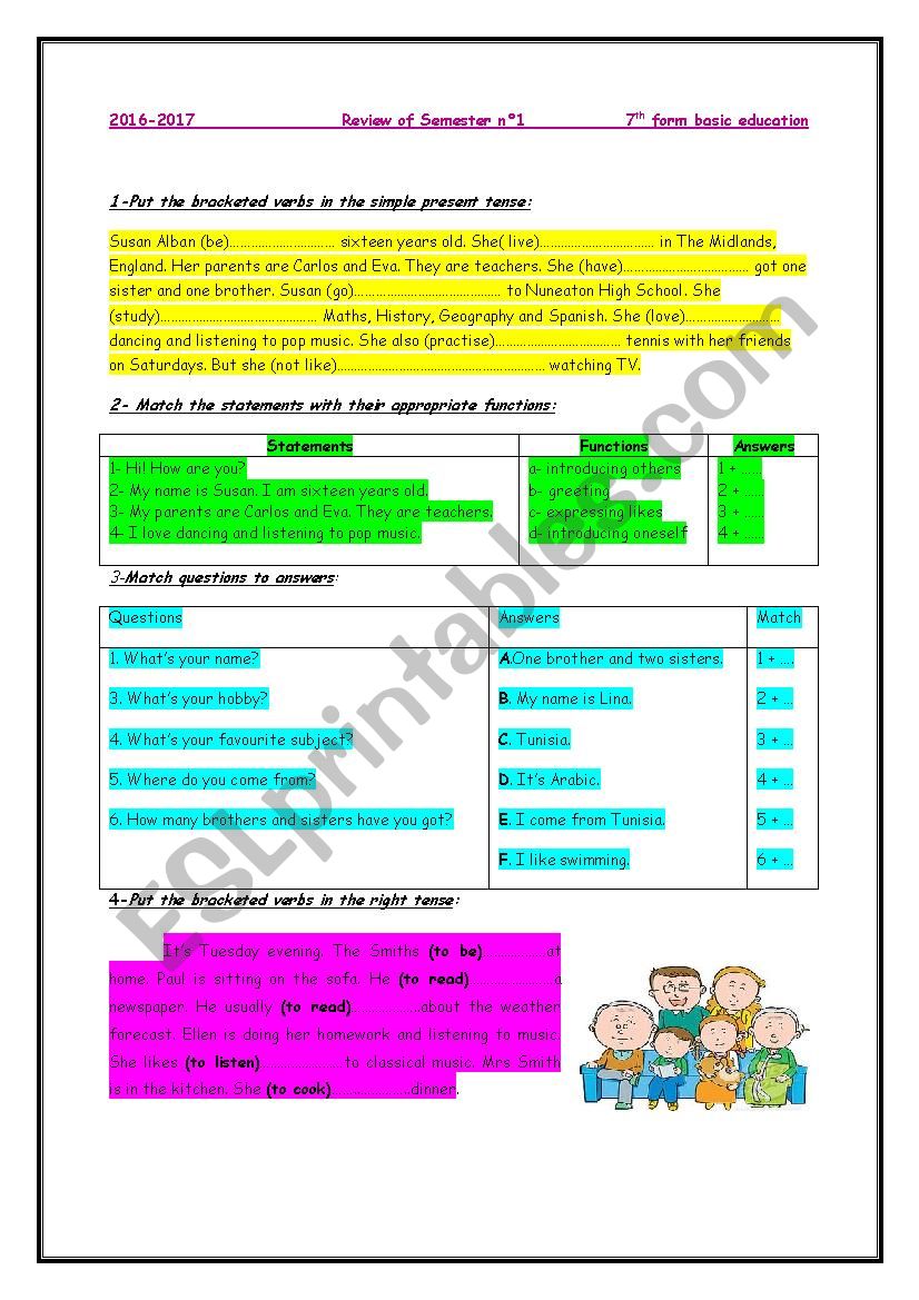 review of semester n 1 for 7th forms of basic education