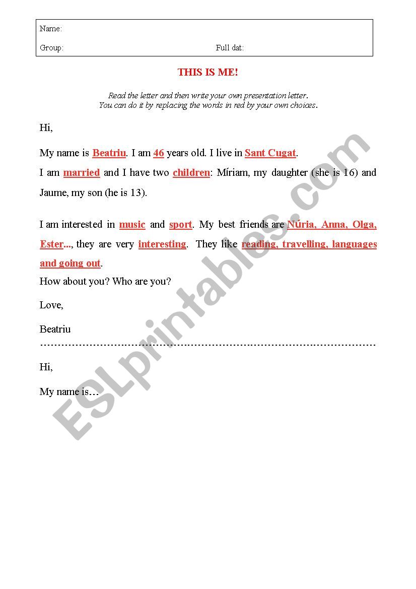 Presentation letter worksheet