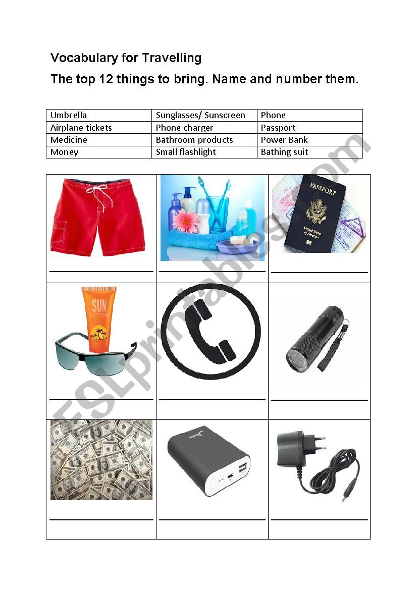 Vocabulary for the top 12 things to bring for a Vacation