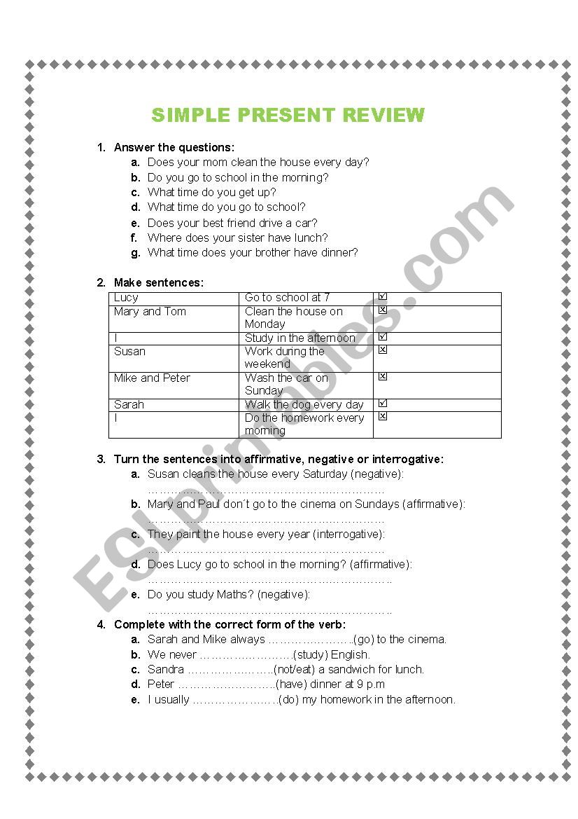 Simple Present Review worksheet