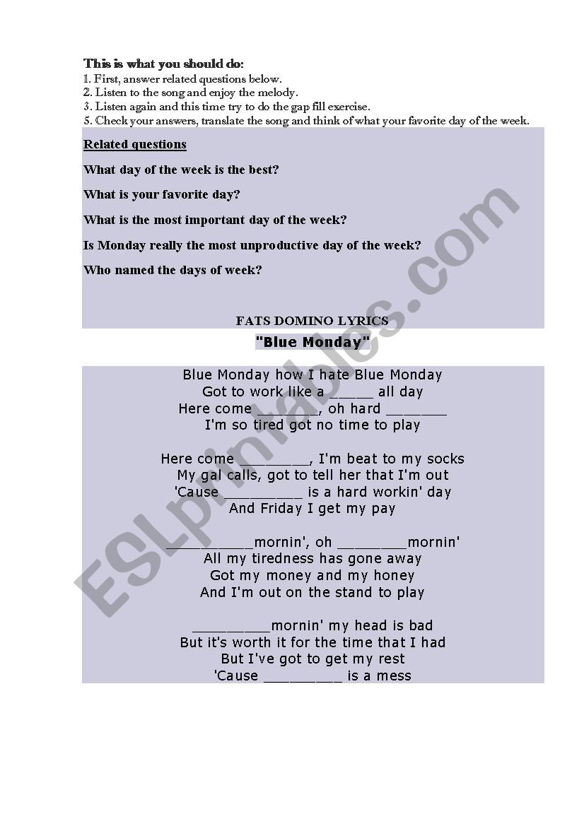 Blue Monday Song Workseet worksheet