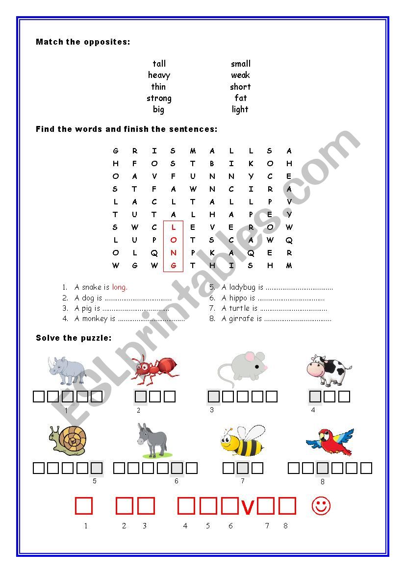 Adjectives and Animals worksheet