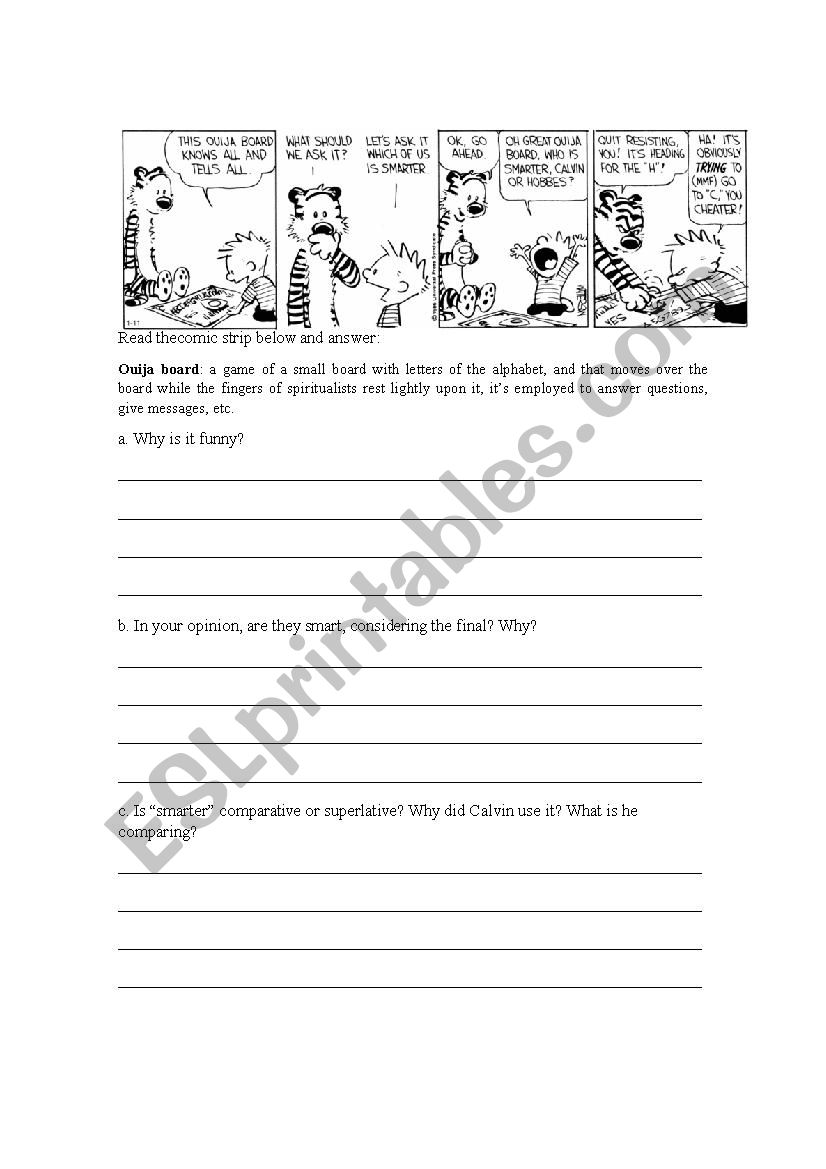 Calvin comic strip worksheet