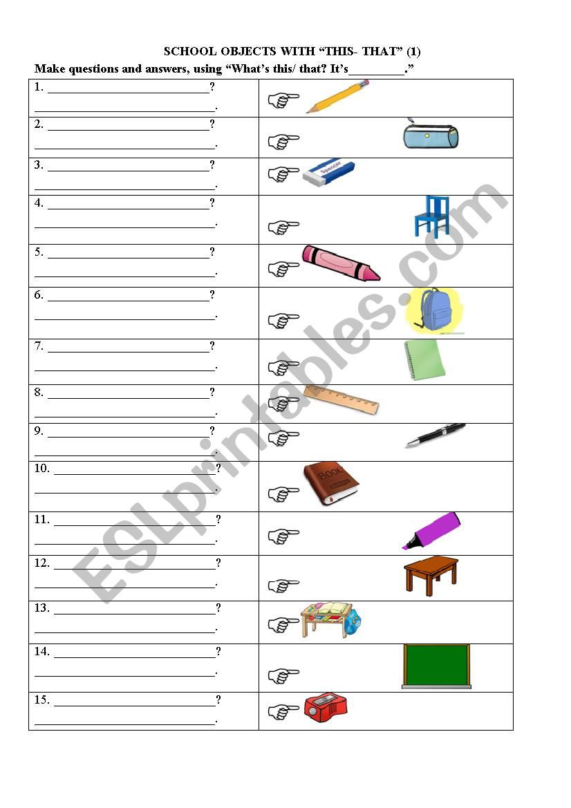 School objects with THIS THAT worksheet