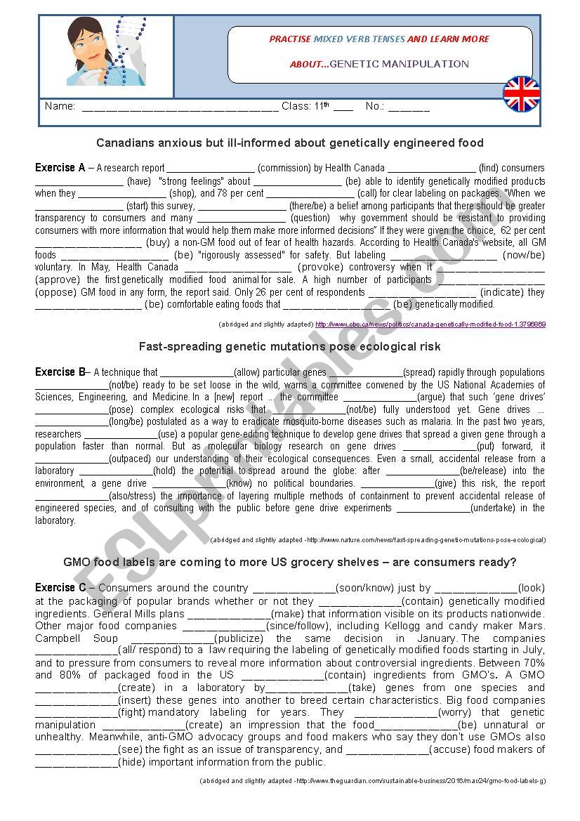 Verb tenses - genetics worksheet