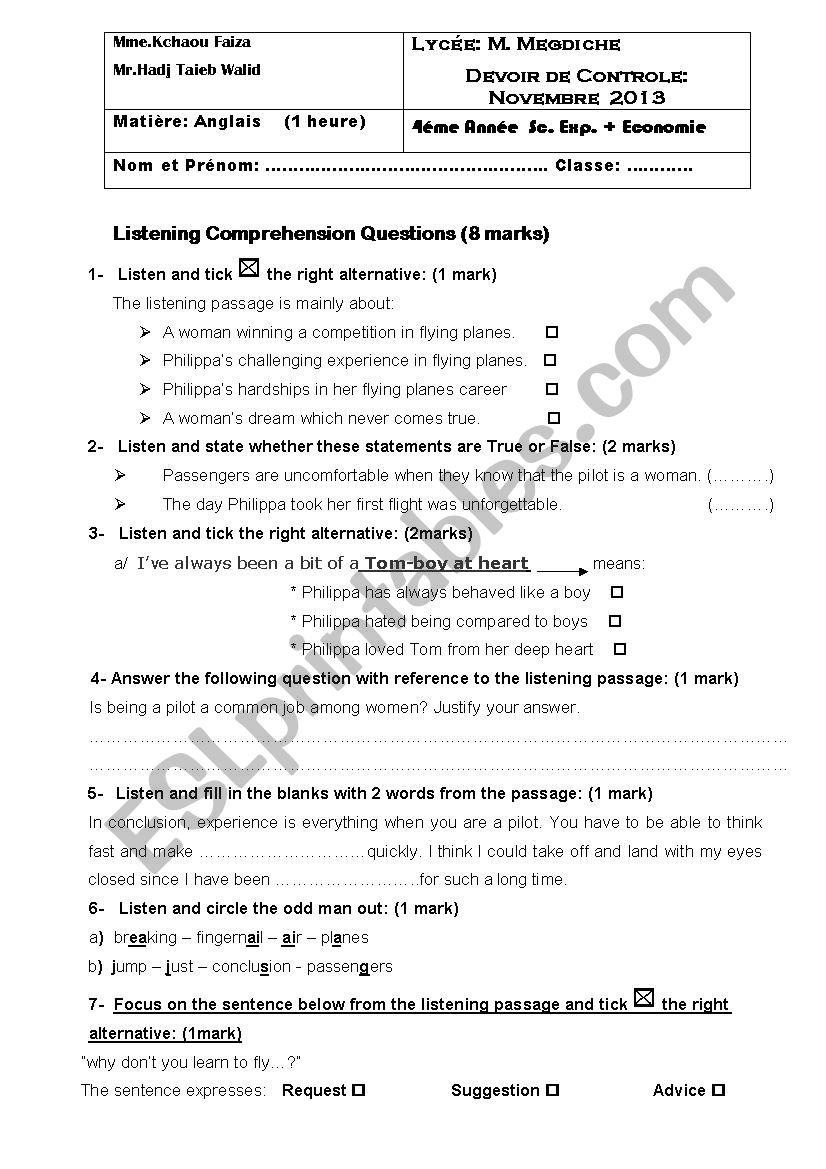 4th formers test worksheet