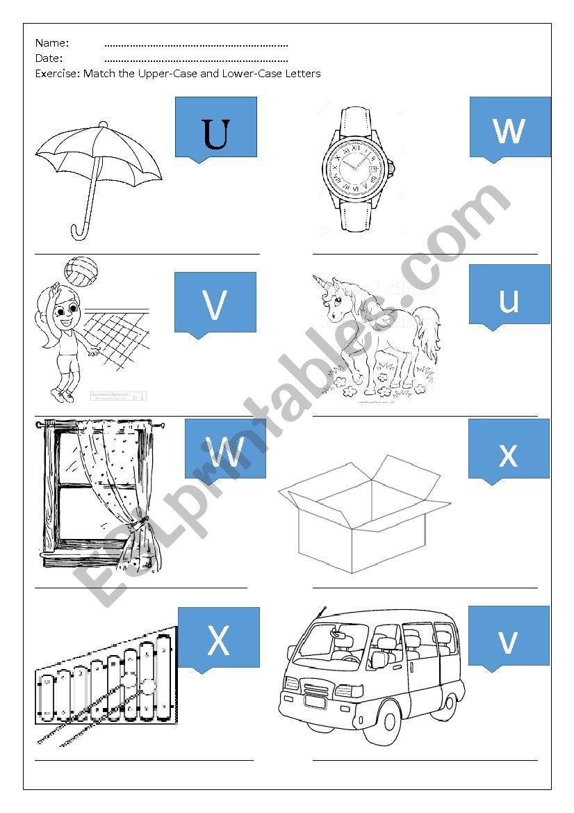 Letters u, v, w, x worksheet